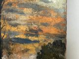 a painting of a landscape with trees in the foreground