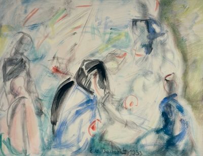a drawing of a group of people sitting on the ground