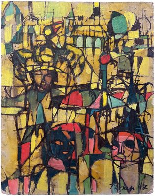 un tableau représentant un groupe de personnes avec des parapluies sur un fond jaune