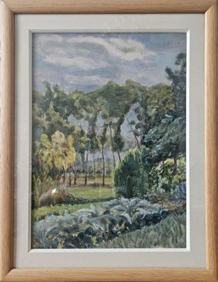 une peinture à l'huile représentant un paysage avec des arbres et des buissons