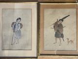 two framed pictures of a man and a woman with a dog