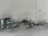 an abstract painting of a cityscape in black and white