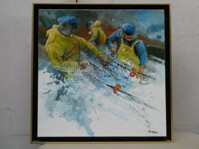 painting of two skiers skiing down a snowy slope in a black frame