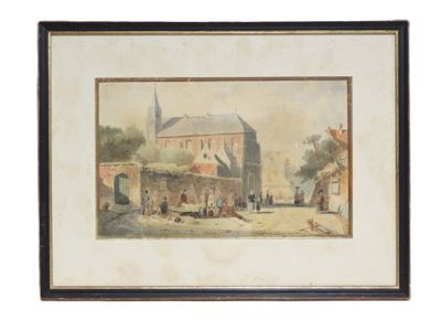 École du XIXe siècle. Scène de village au pied d'une église. - Photo 1