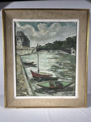 painting of boats on a river with a bridge in the background