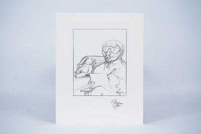 a black and white drawing of a man sitting at a table