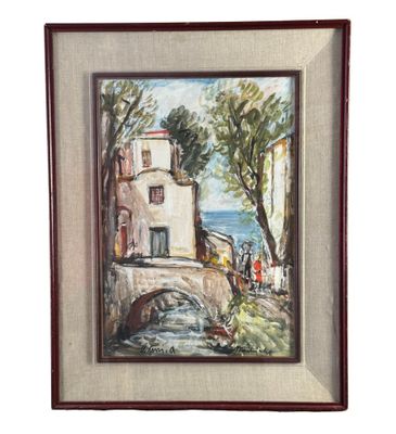 une peinture à l'huile représentant un pont enjambant une rivière, avec des personnes dessus