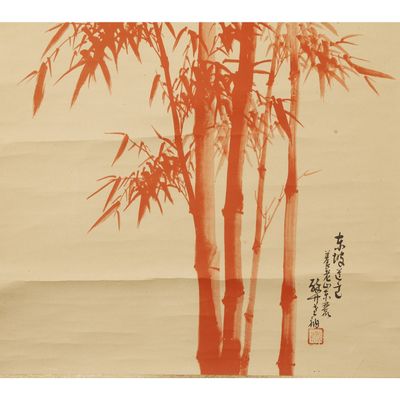 an image of a painting of a bamboo tree with a red background