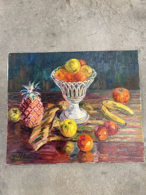 une peinture représentant une coupe de fruits sur une table
