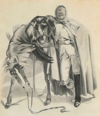 drawing of a man and a woman standing next to a horse