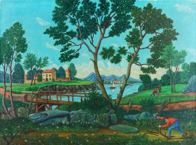une peinture représentant une peinture d'un homme et d'une femme sur un pont