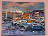 peinture de bateaux dans un port avec des bâtiments en arrière-plan