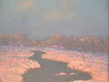 une peinture à l'huile représentant une rivière qui traverse un champ enneigé
