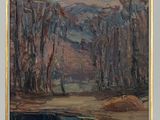 an oil painting of a landscape with trees and water