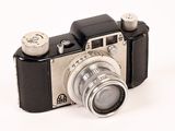 a black and silver camera on a white background