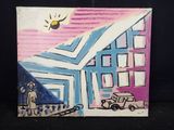 un tableau représentant un homme debout devant un bâtiment