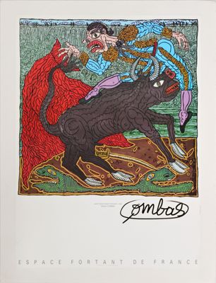 une image représentant un tableau où l'on voit un homme chevauchant un taureau