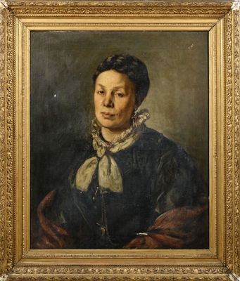 un tableau représentant une femme en robe noire avec un foulard blanc