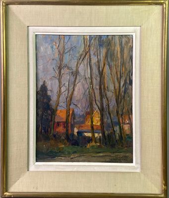 une peinture à l'huile représentant une scène de campagne avec des arbres et une grange