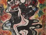 une peinture abstraite représentant une femme assise sur une chaise dans une pièce