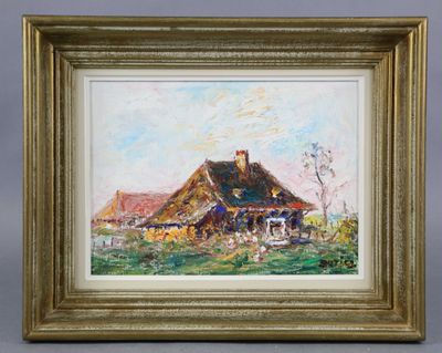 une peinture à l'huile représentant une scène de vie à la ferme avec des vaches paissant dans les prés