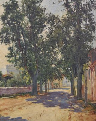 an image of a painting of a road with trees on both sides of it