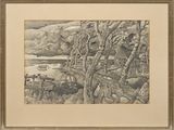 drawing of a landscape with a river and trees in the foreground