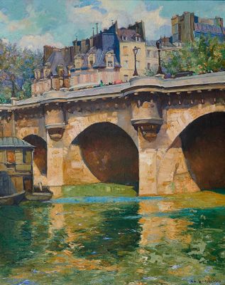 une peinture représentant un pont au-dessus d'une étendue d'eau