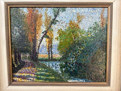 une peinture à l'huile représentant un sentier dans un parc bordé d'arbres
