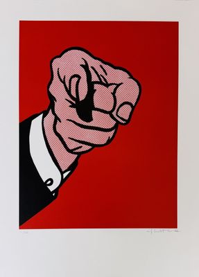 a red and black painting of a hand holding a cigarette