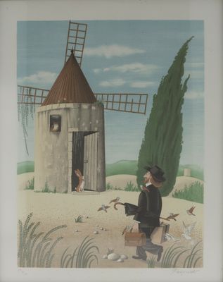 un tableau représentant un homme assis sur un banc devant un moulin à vent