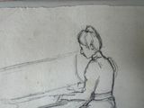 a drawing of a woman sitting at a table in front of a laptop