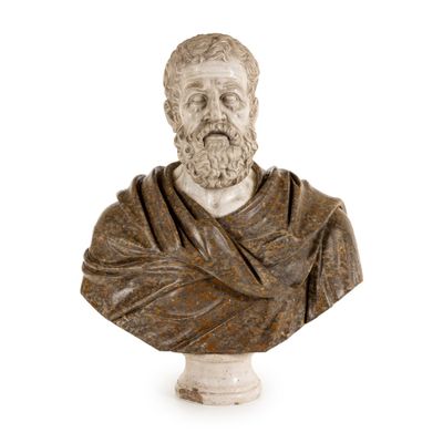 marble bust of a man with a beard and a shawl around his neck