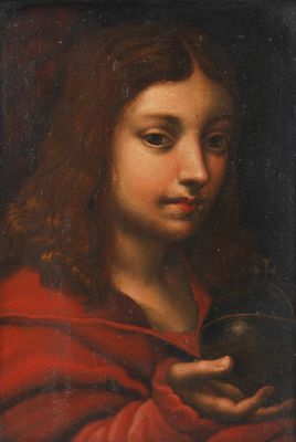 a painting of a young girl holding an apple in her hands