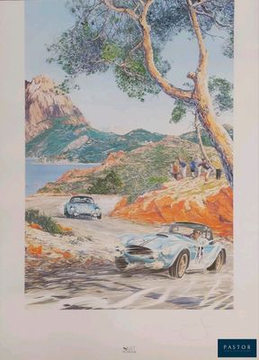 une image représentant un tableau où l'on voit une voiture roulant sur une route à côté d'un arbre