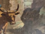 a painting of a man riding a bull in a rocky area