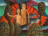 a painting of a man and a woman on a boat