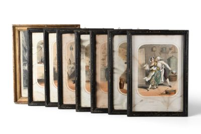 four framed pictures of a woman and a man in a room