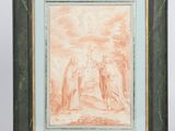 a framed drawing of two men and a woman in a landscape