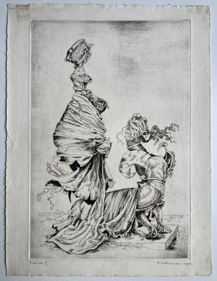 a black and white drawing of a woman and a man