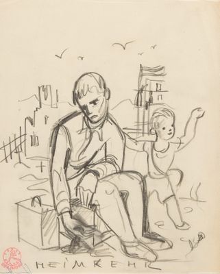 dessin représentant un homme assis sur un banc avec un enfant