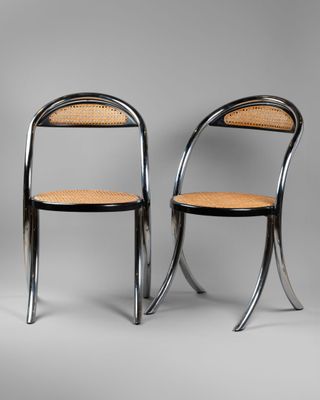 paire de chaises de salle à manger en chrome et rotin