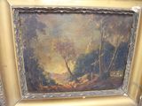 an image of a painting of a wooded landscape in a gold frame