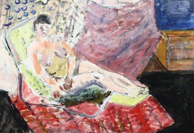 un tableau représentant une femme assise sur un lit avec un chat