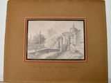 an old drawing of a castle with a bridge in the middle of it