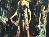 un tableau représentant une femme en robe, debout devant une horloge