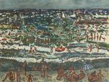 an image of a painting of people on the beach with umbrellas