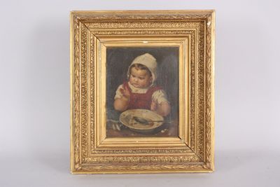 an old picture of a little girl eating a meal in front of a white background