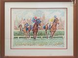painting of a group of jockeys on horses racing down a track