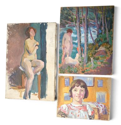 three paintings of a woman sitting on a chair in front of a window